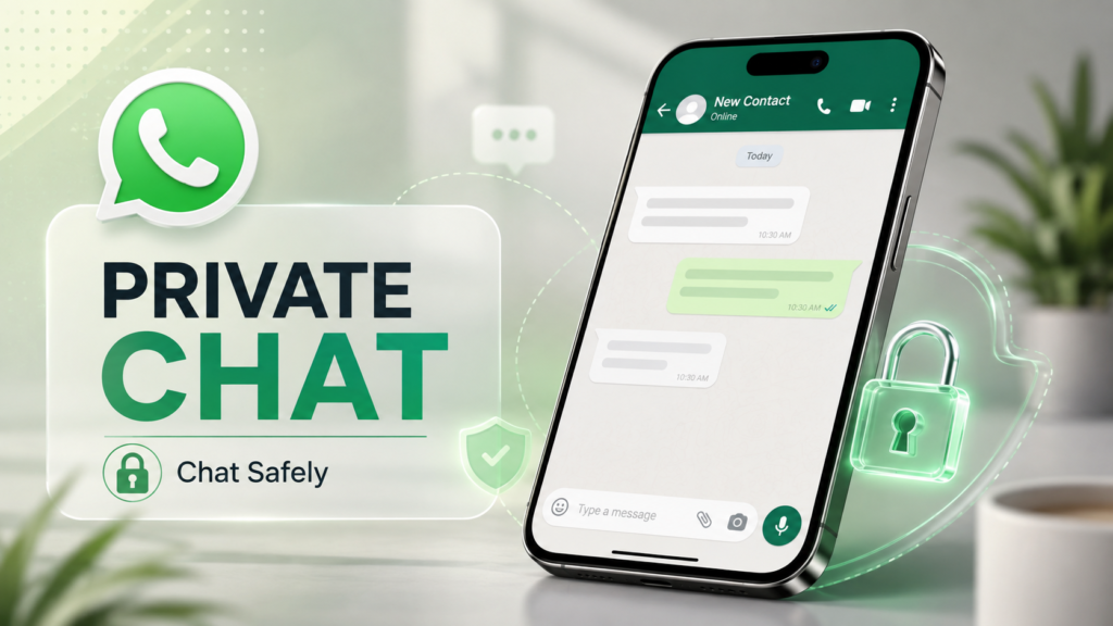 How to Start a Private Chat on WhatsApp Safely Smartphone showing an empty messaging app chat behind a translucent shield and padlock
