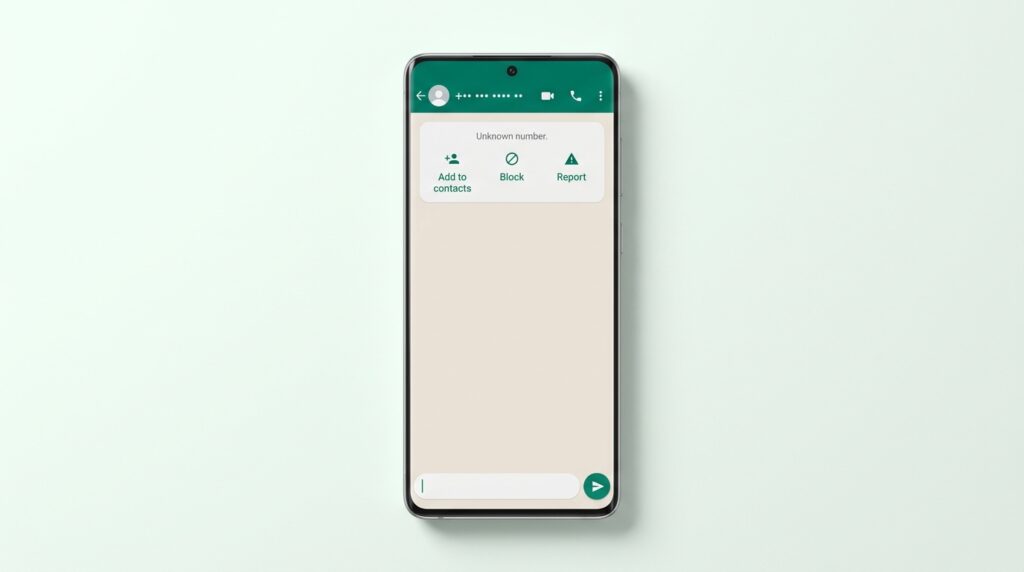WhatsApp chat with an unsaved number showing add to contacts, block and report options