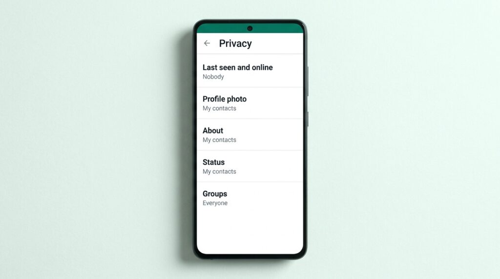 WhatsApp Privacy settings screen showing last seen, profile photo, About, status and groups options