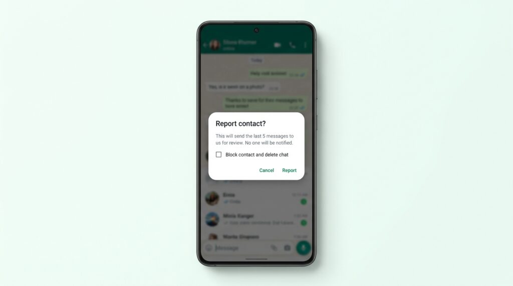 Report contact confirmation dialog on WhatsApp with the option to also block and delete the chat
