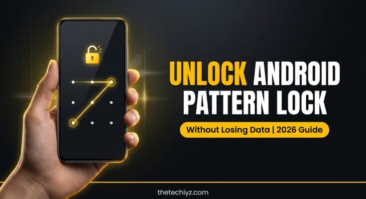 Hand holding an Android phone with a pattern lock screen showing how to unlock Android pattern lock without losing data