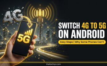 Hand holding an Android phone showing 5G signal with a 5G tower in the background, explaining how to change 4G to 5G on Android