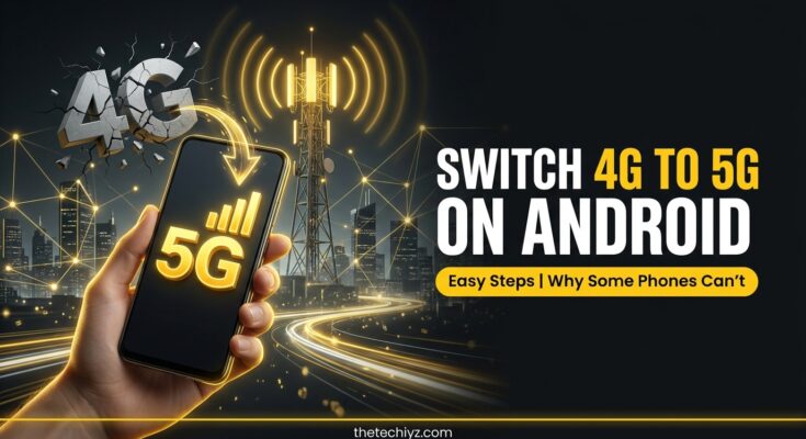 Hand holding an Android phone showing 5G signal with a 5G tower in the background, explaining how to change 4G to 5G on Android