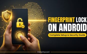 Hand touching the fingerprint sensor on an Android phone screen to unlock it, showing how to set up fingerprint lock screen on Android