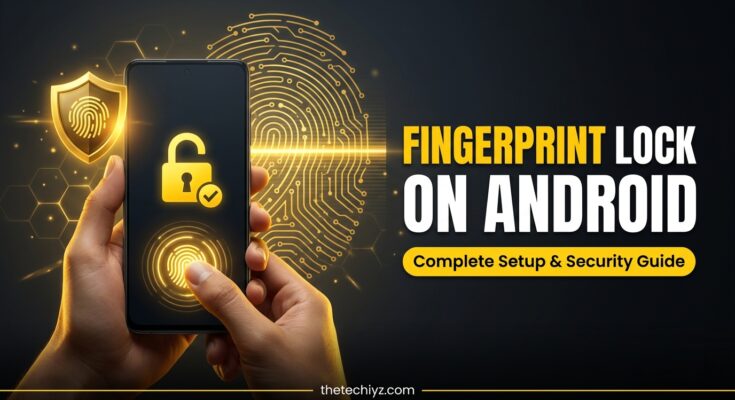 Hand touching the fingerprint sensor on an Android phone screen to unlock it, showing how to set up fingerprint lock screen on Android